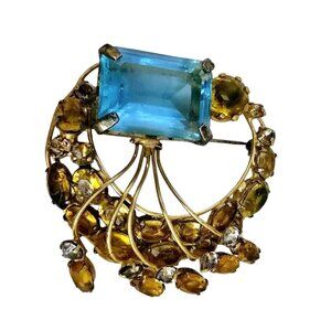 Rare Signed Fred A Block Amazing Wired Brooch With Huge Faceted Glass Stone